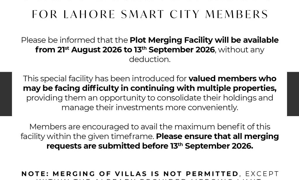 Lahore Smart City Announces Special Plot Merging Facility Notice